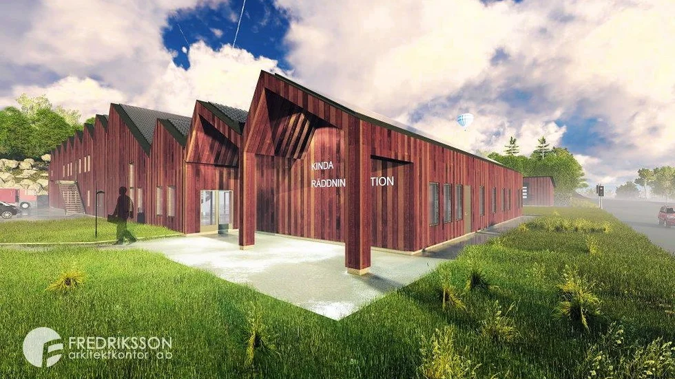 Ambulanserna följer med till nya räddningsstationen vid nedfarten till Tolvmannadalen. Illustration: Fredriksssons Arkitektkontor AB.