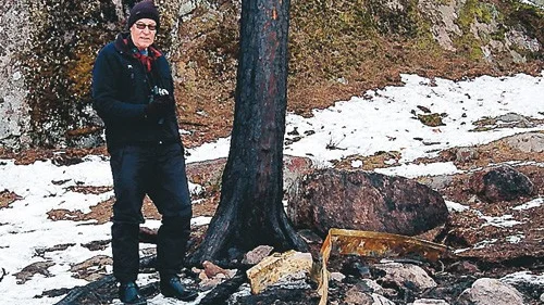 Bo Lewander vid en av tallarna där barken förkolnat och tallkronorna brunnit. Ett nidningsdåd, kallar han det.