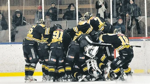 Vimmerby Hockey bildar TV-puckshög på målvakten Calle Brattenberger efter slutsignalen när de insett att segern med 2-1 mot Skövde räckte för att ta dem till playoff. Foto: Janne Strömsten