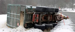 Traktorvagn full med sågspån välte