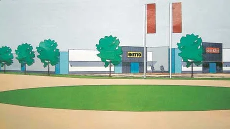 I korsningen Vimmerbyallén (Norra industrigatan) och Badhusgatan kommer en rondell att byggas. Sedan kommer en ny lokalgata från badhusgatan att föra kunder intill det nya lågpriskedjorna Netto och Jem&fix, där idag centralförrådet står. Varuhusen kommer att öppna i slutet av mars, så det kan vara klokt att snarast börja riva förrådet, och den andra byggnaderna på Flinks tom. Bild Dahlström Arkitekter