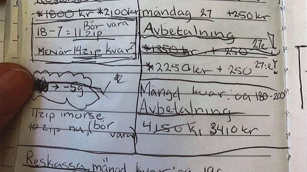 Vid fjolårets husrannsakan hos 33-åringen hittade polisen en anteckningsbok som var fylld med uppgifter om förmodade knarkaffärer och tips om hur man bäst blandar ut amfetamin.
