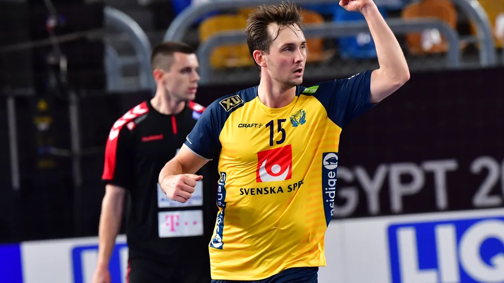 Hampus Wanne jublar efter ett mål i VM-premiären mot Nordmakedonien.