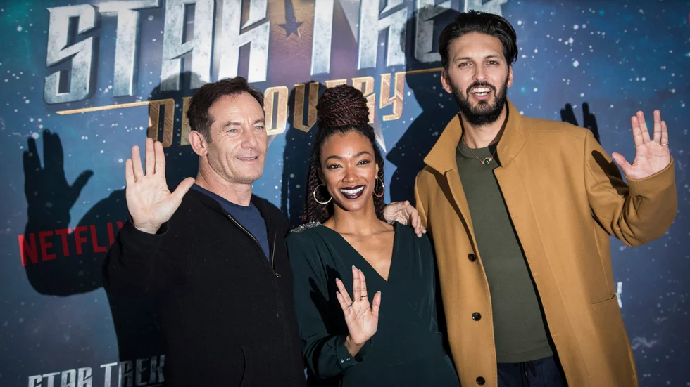 Skådespelarna Jason Isaacs, Sonequa Martin-Green och Shazad Latif. Arkivbild.
