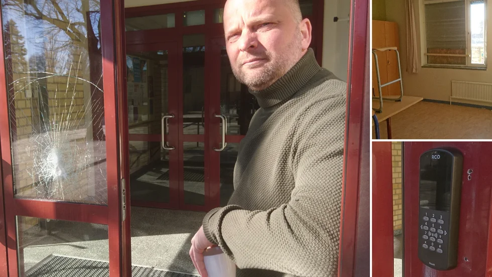 Ted Kahlbom visar förstörelse vid entrén, ett krossat (och nu igenbommat) klassrumsfönster och spåren efter skadegörelse på en passerkortläsare (själva läsaren var utbytt redan på måndagsförmiddagen).