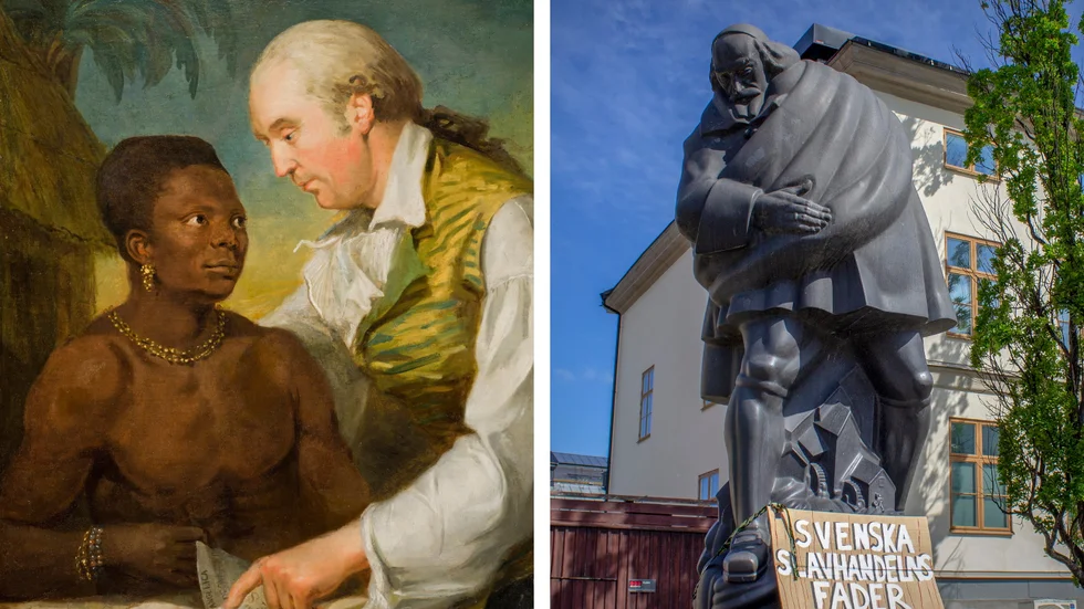 Till vänster: Prins Peter Panah och Carl Bernhard Wadström på en målning av Carl Fredric von Breda från 1789. Till höger: Carl Milles staty av Louis De Geer i Norrköping, som det stormade om tidigare i sommar. 