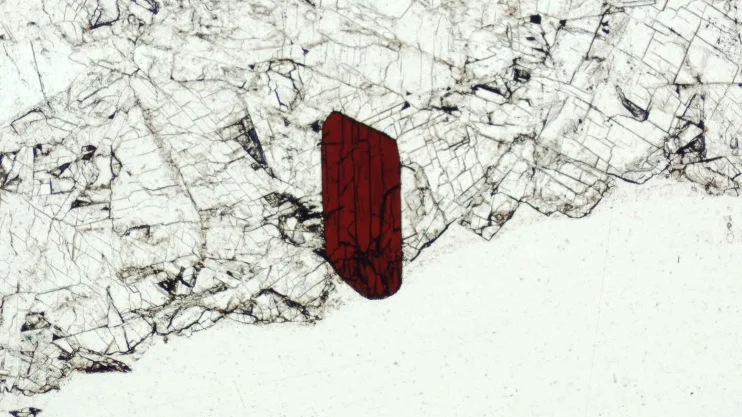 Mineralet zinkgruvanit sett i polarisationsmikroskop.