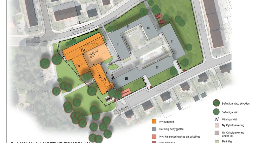 De ny studentlägenheterna ska byggas på det som i dag är en parkeringsplats vid nuvarande Flammans studentbostäder. Det orangea på bilden är de byggnader som ska byggas.