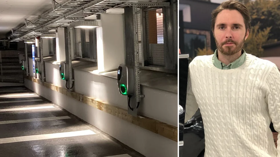 I parkeringshuset Dansmästaren, Rosendal, finns 60 laddplatser. På taket finns en solcellsanläggning som ska lagra el i ett stort batteri för att komplettera elnätet när många laddar sina bilar samtidigt. Karl Asplund är försäljningschef för Hedin Bil i Uppsala.