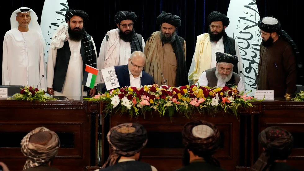 Pressträffen i Kabul där avtalet offentliggjordes.