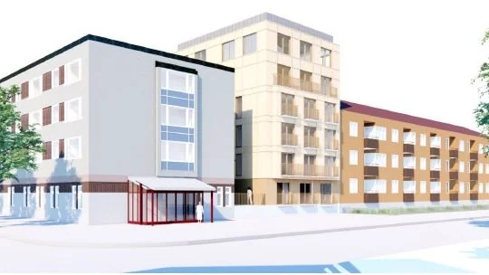 Det planerade sexvåningshuset i mitten, mellan befintliga byggnader. Vy från korsningen Sturegatan-Geijersgatan. Exakt utseende bestäms senare. 