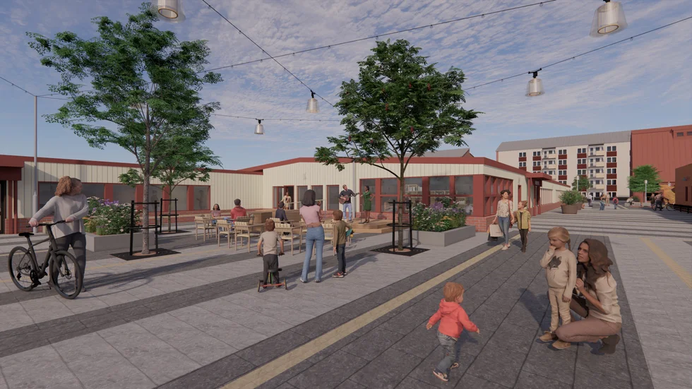 Bibliotekstorget vid skolan och biblioteket ska få en liten upphöjd scen, flera sittplatser, planteringar och ny belysning.
