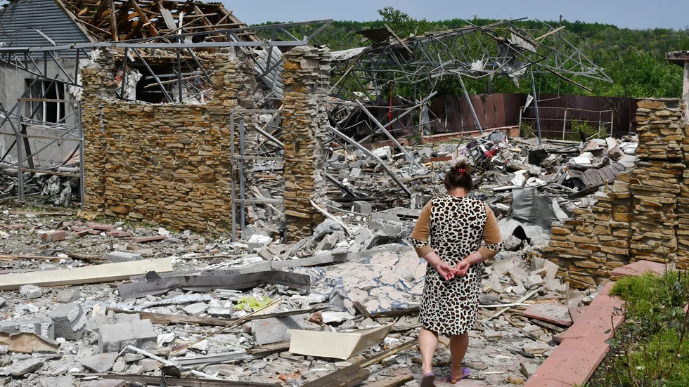Sönderskjutna bostäder i Sloviansk i Ukraina.