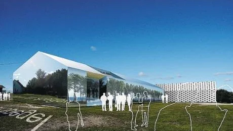 Visionsskiss av ett Bergman Center på Fårö täckt av ett reflekterande material, som kamouflerar byggnaden med det omkringliggande fårölandskapet.  Skiss: Rosenbergs arkitekter