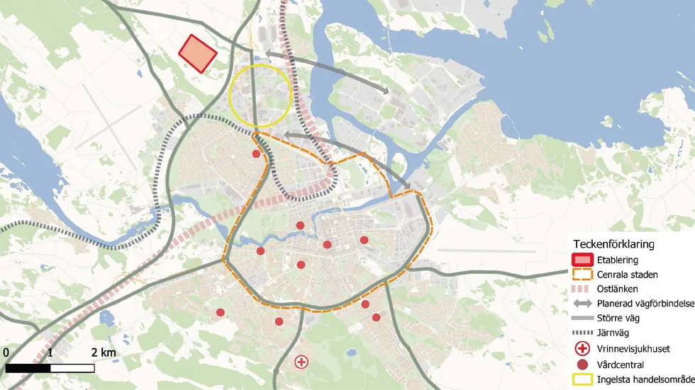 Den röda fyrkanten på kartan markerar platsen för en eventuell etablering av en ny anstalt i Norrköping.