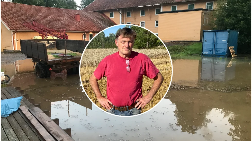 "Dikena är dåligt skötta överlag vilket gör att när vi får väldigt höga nederbördsmängder kommer det att lättare leda till översvämningar", säger Dag von Bothmer. På bilden syns hans gårdsplan som stod under vatten efter måndagens regnväder.