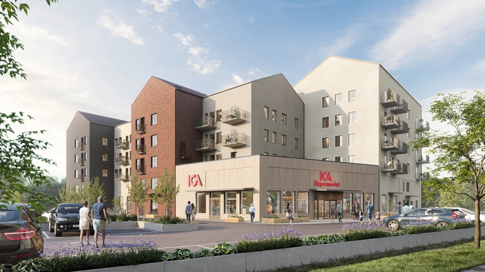Det nya bostadsområdet längs doktor Westerlunds gata är indelat i flera etapper. Det som nu påbörjats är Magnolia Bostads del, där Bilvalet en gång låg, på södra sidan av gatan. Illustrationen är en visionsbild av hur det kommer att se ut.
