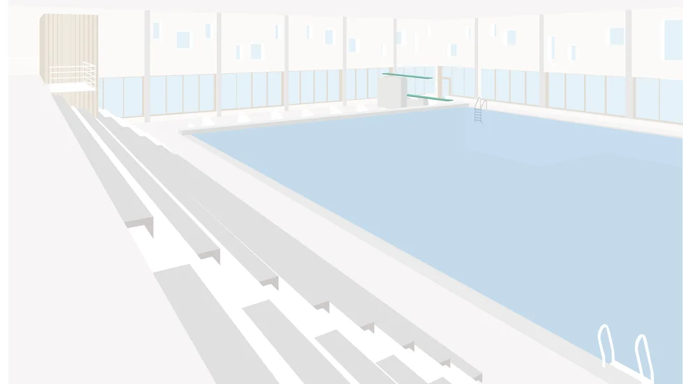 Perspektivvy på nya simhallen, mot norr.