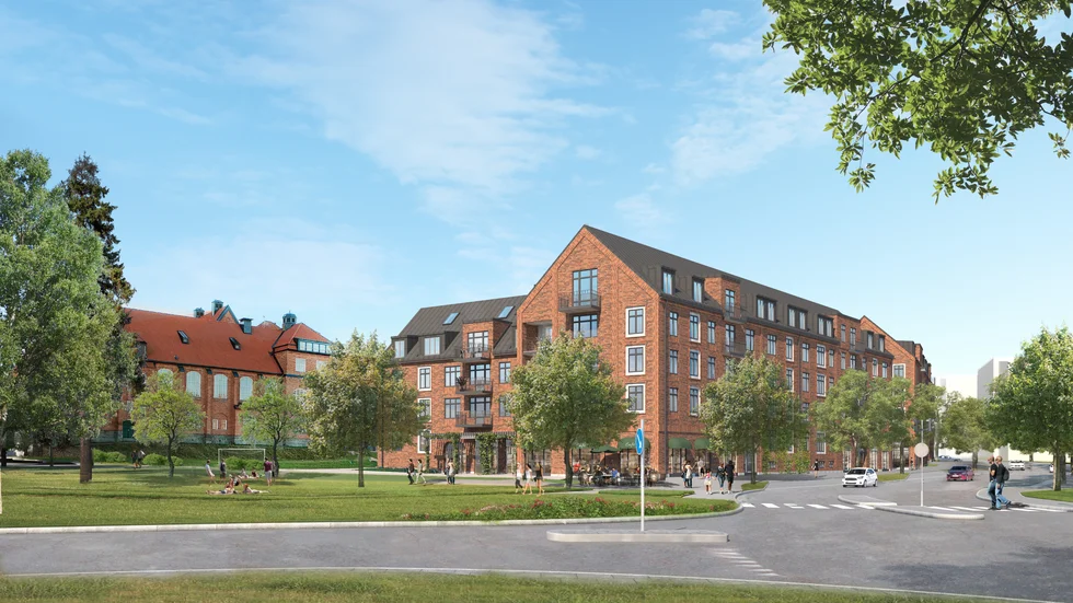 De planerade bostadshusen ska ha tegelfasader för att anpassas till Seminariebyggnaden. Vy från korsningen Fyrisvallsgatan-Ringgatan.
