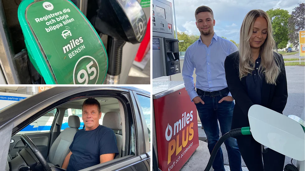 Många kunder på macken hade åsikter om det nya drivmedlet. Här ses Pontus Burkhard och Fanny Lilja, till höger, och Fredrik Hagbom till vänster.