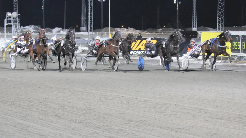 Rafflande slutstrid i V5-4. Nehemiah (Ove A Lindqvist), Amperage Hanover (Ulf Ohlsson), Boston Flip (Stefan Johansson), Yankee Sensation (Jorma Särkiniva) och Leave Your Sox On (Mika Forss). 