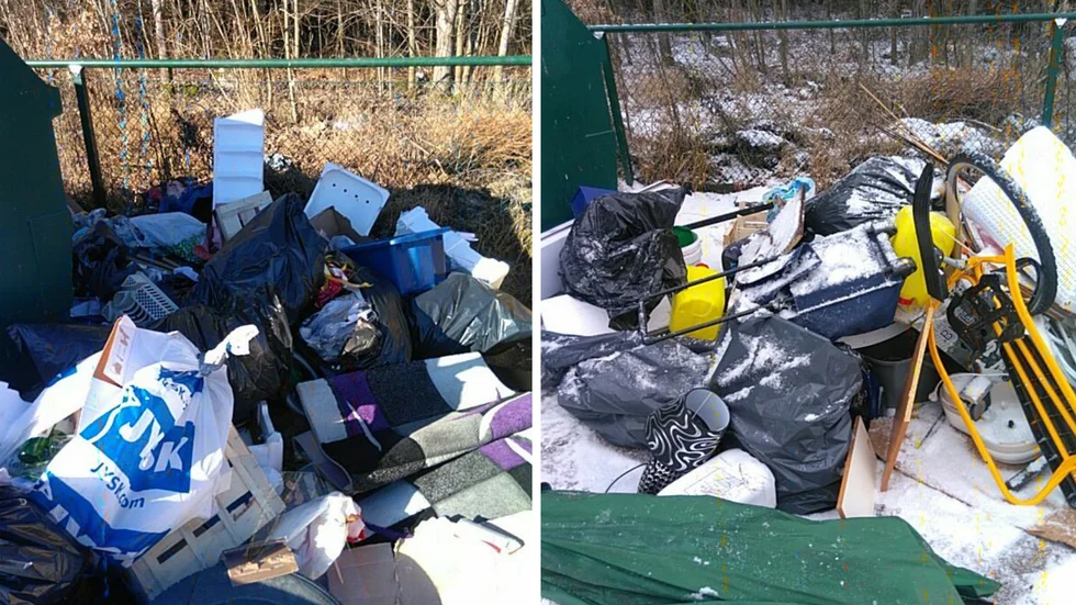FTI:s egna bilder från Bråstorp den 8 och 10 mars visar att det dumpas mängder av skräp intill returkärlen.