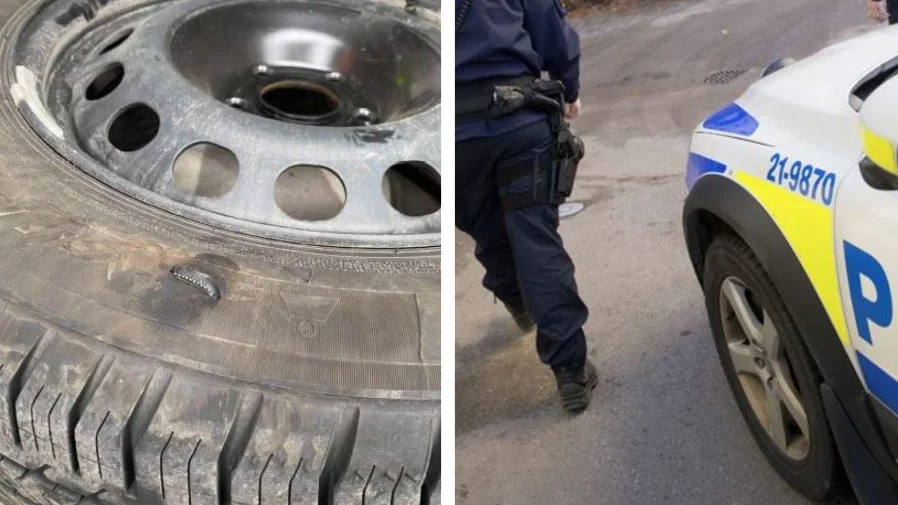 Den 22-årige mannen har erkänt att han skar sönder ett bildäck. (Bilden till vänster är hämtad ur förundersökningen.) 