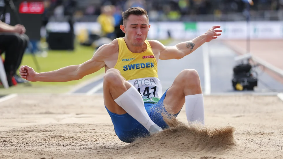 Thobias Montler satte nytt Finnkampsrekord i längdhopp på Stockholms stadion.