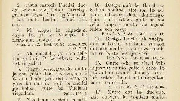 Den senaste nordsamiska bibelöversättningen kom 1895. Här Johannesevangeliets tredje kapitel.