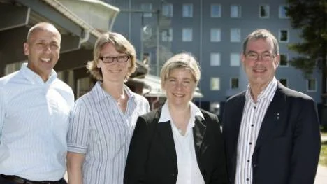 Avloppsfrågor är skitkul! Det tycker från höger Per-Erik Markström, regionchef för Maskinentreprenörerna Nord, Åsa Wikman, miljöinspektör i Piteå kommun, Anita Öhrlund, regionkontoret i Skellefteå, och Ulf Andersson, vice vd för Maskinentreprenörerna.