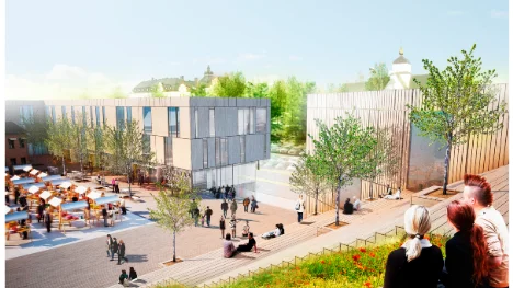 I höst börjar man bygga - och så här ska det se ut. "Piteå parkerar och ler" är ett p-hus i trä för 200 fordon med en trappavsats ut mot ett tänkt torg. Personerna uppe till höger sitter på "taket" med Vatten-och-bröd-husen bakom sig. Vid trappans slut passerar en ny öppning av Aronsgatan ut mot Sundsgatan.