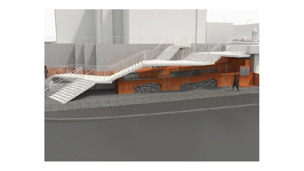 Så här kommer troligen nya Hörsalstrappan att se ut, från Hörsalen och ner till Gamla Rådstugugatan. Notera de inglasade gamla murresterna under bron, som kommer att skyddas med ett glashölje.