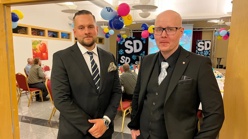 Markku Abrahamsson och Petter Nilsson på Sverigedemokraternas valvaka i Skellefteå.