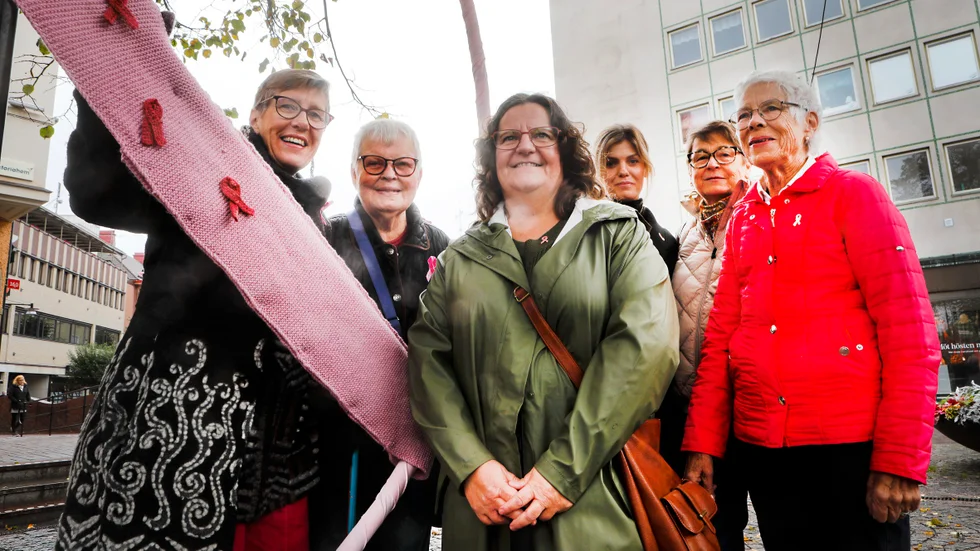 Doriz Zsiga, Britt Stenberg, Petra Backman, Therese Larsson Citysamverkan, Anita Andersson och Marja Hellström, från bröstcancerföreningen Aurora har smyckat stan rosa.