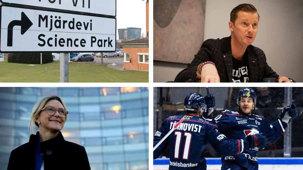Mjärdevi är lite av en "vit fläck" på kartan för Linköping HC. Här vill klubben vinna marknadsandelar och öka stödet. Överst till höger syns klubbdirektören Carl-Johan Stålhammar. Nedan Lena Miranda som är vd för Linköping science park och Lance Bouma som jublar i Saab arena.