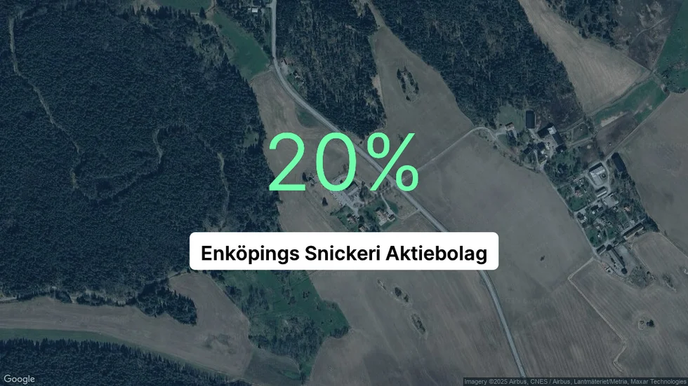 Illustrationen visar rörelsemarginalen för Enköpings Snickeri för det senaste året. Bakgrunden är en satellitbild över företagets adress.