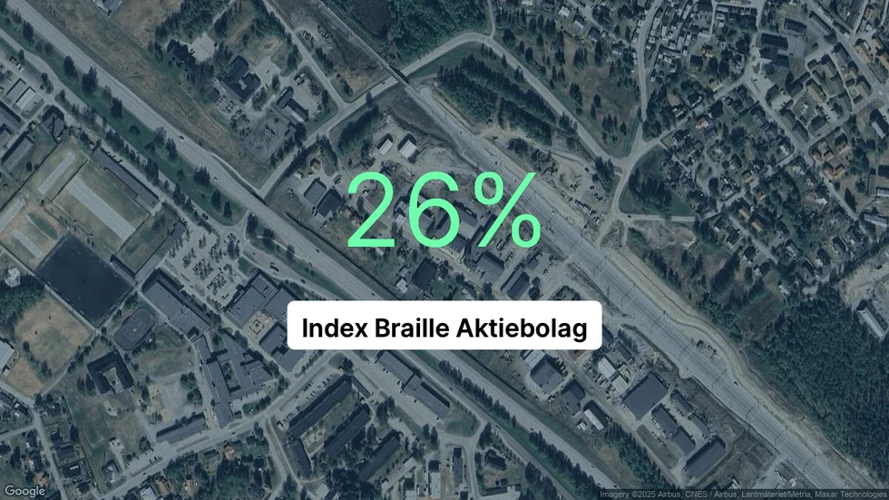 Illustrationen visar rörelsemarginalen för Index Braille för det senaste året. Bakgrunden är en satellitbild över företagets adress.