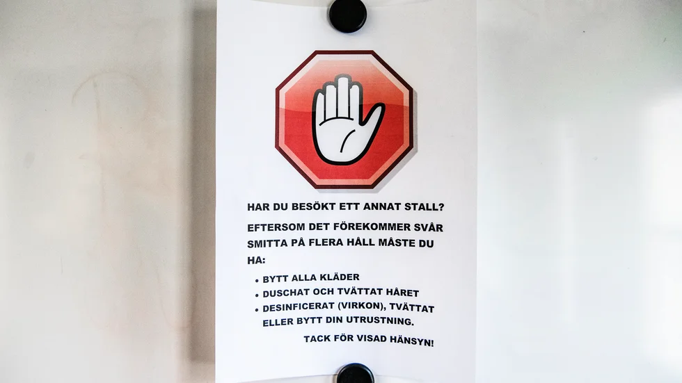 Arkivbild på en lapp hos en ridklubb som varnar för EHV-1, efter att viruset brutit ut på flera andra ställen i början av förra året.