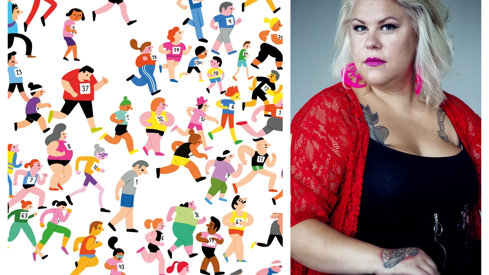 Boken "Alla räknas" ("Alle sammen teller") fick Nordiska rådets barn- och ungdomslitteraturpris 2019. På bilden springer 75 personer maraton. Till höger författaren och kroppsaktivisten Kajjan Andersson.