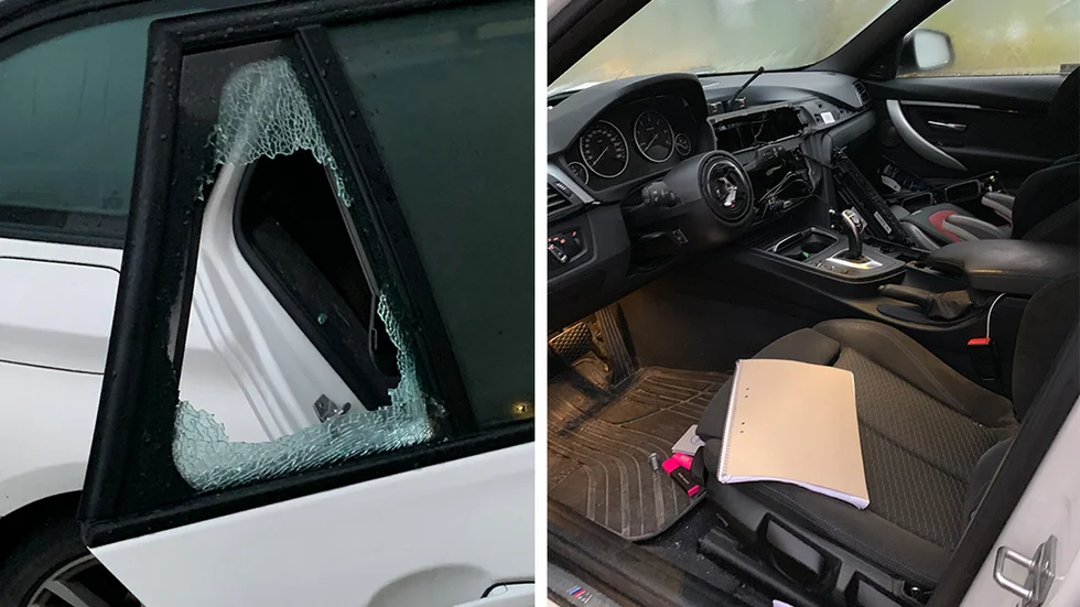 Okända gärningspersoner bröt sig in i Gustaf Karlssons bil under natten till tisdagen.