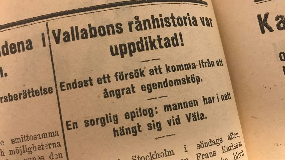 Kuriren för 100 år sedan: Uppdiktad rånhistoria slutade med självmord.
