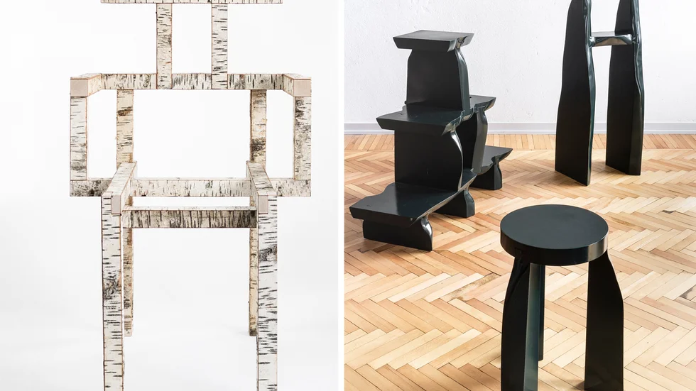 Till vänster ses "Square Birch Chair" i björkträ och björknäver, till höger "Mix Sushi 3, 6 & 7". 