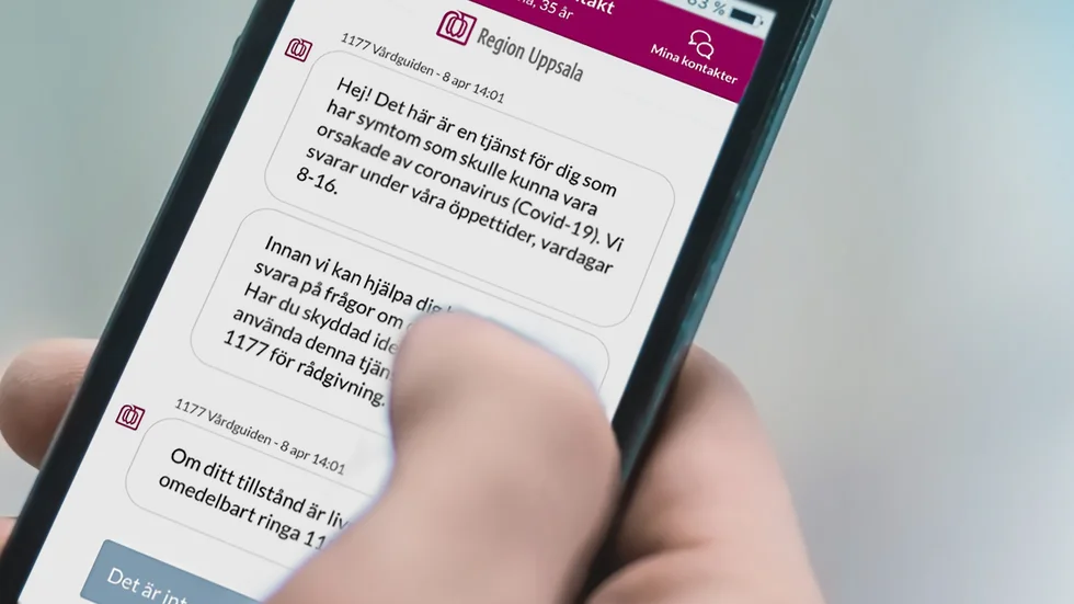 Såhär ser Region Uppsalas nya corona-chatt ut. Logga in via 1177 och beskriv dina symtom så får du bedömning och rådgivning av vårdpersonal.