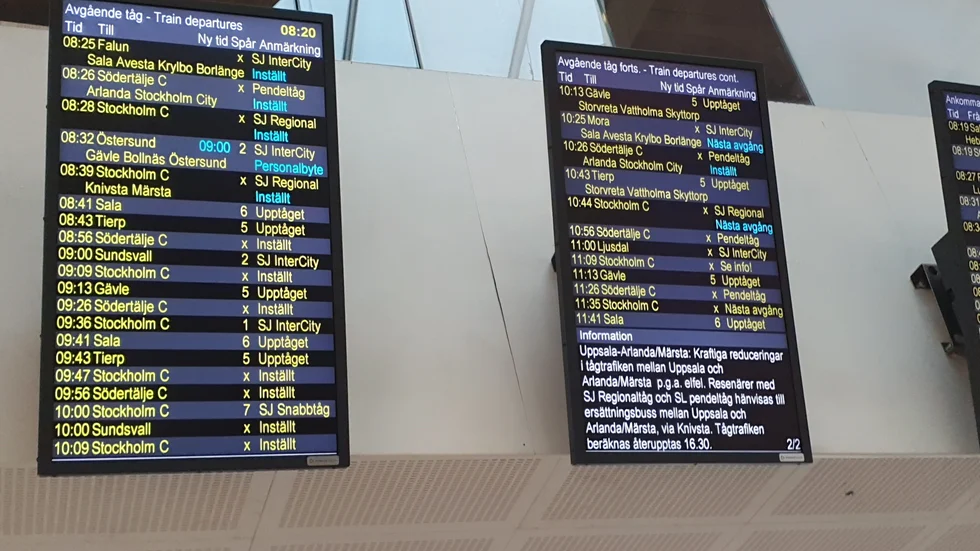 Många inställda tåg under fredagsmorgonen. 