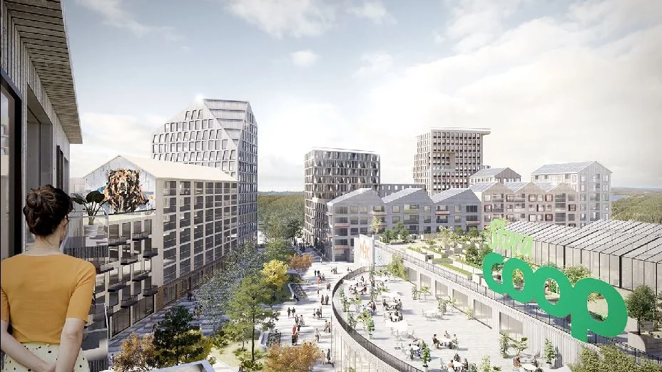 Här är arkitekternas bild av hur Storheden kan se ut, med ny bebyggelse på mark som i dag är parkeringsplatser vid Stora Coop.