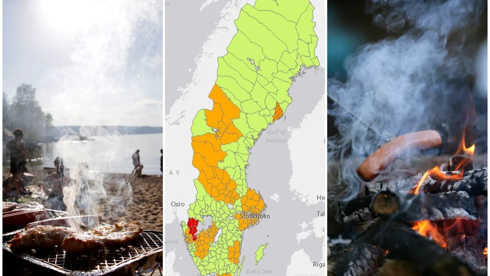 Aja baja. Inte elda eller grilla över öppen eld eller på engångsgrillar. Eldningsförbud (orange och röd markering) råder nu i delar av Götaland, Svealand och södra Norrland.