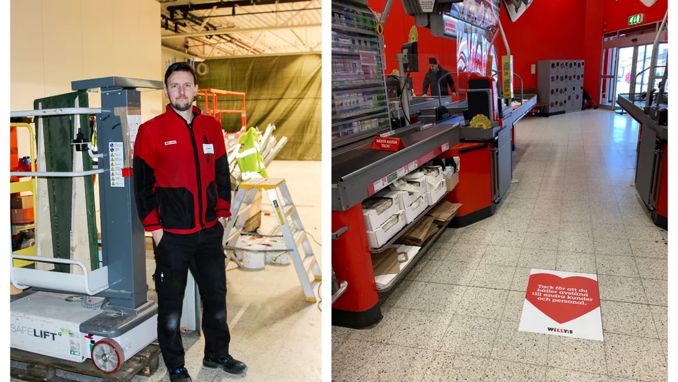 Butikschef Joakim Paulander berättar att plexiglas inom kort monteras i kassan för att skydda personal och kunder. Till höger en bild från en butik i Göteborg som redan utrustats med sköldar.