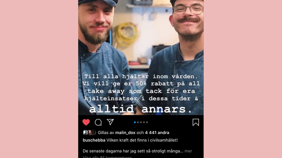 Ebba Busch Thor (KD) retweetade restaurangens kampanj för vårdpersonal vid take away.