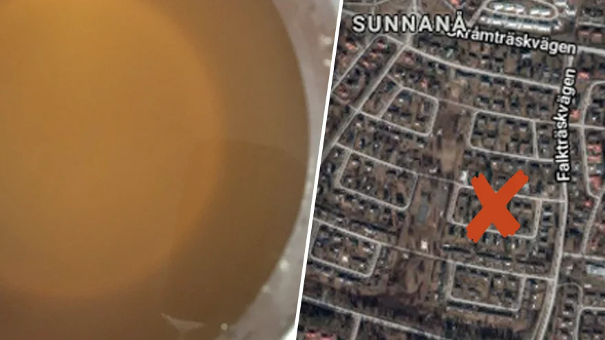 Det bruna vattnet och det drabbade kvarteret på Sunnanå. Bildmontage. Foto: privat samt Google maps