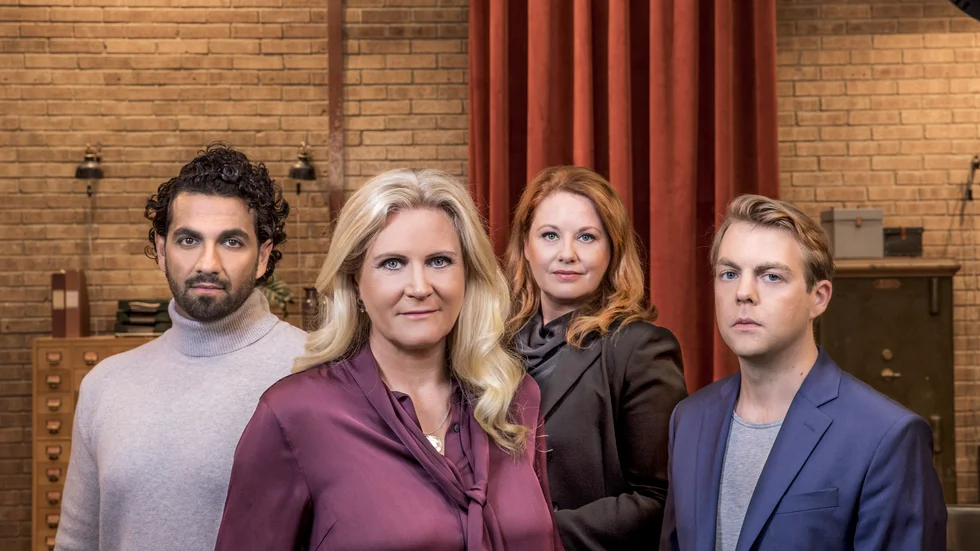 Camilla Kvartoft, programledare med Johanna Björkman, advokat, Nadim Ghazali, polis, samt Christoffer Carlsson, författare och kriminolog.